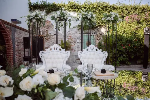 Garden wedding reception with floral styling