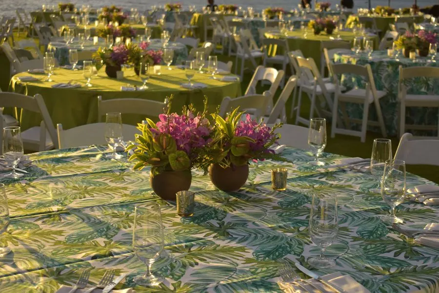 Outdoor garden wedding reception with floral decor