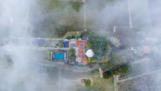 Aerial view of Italian countryside villa and pool