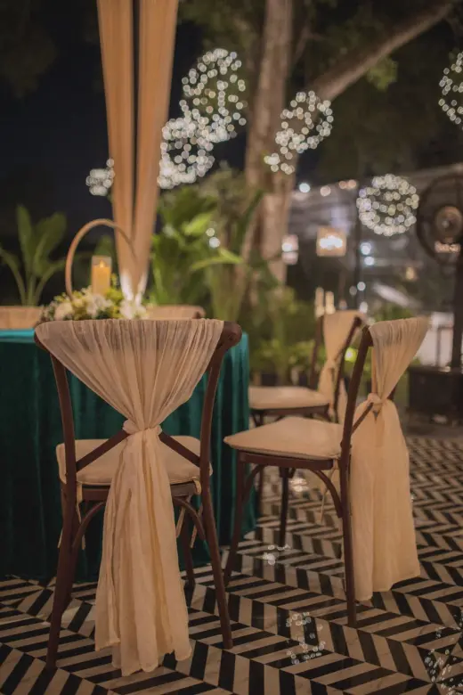 Wedding dinner under warm evening lights