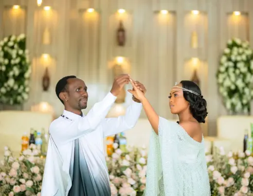 Wedding couple celebrating together