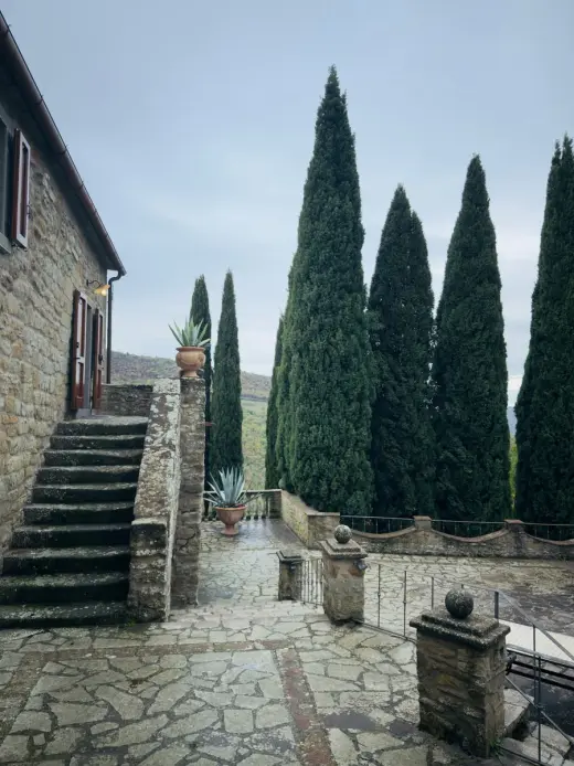 Italian villa courtyard with cypress trees