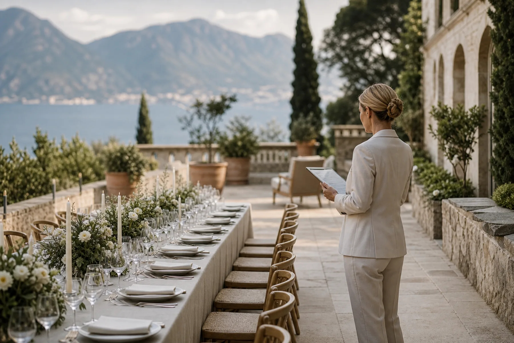 Wedding planner reviewing an elegant destination wedding tablescape